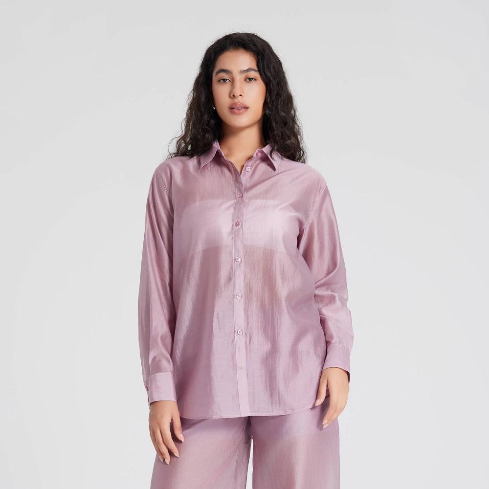 Women's Relaxed Fit Long Sleeve Button-Down Shirt - A New Day™ Purple S Product Image