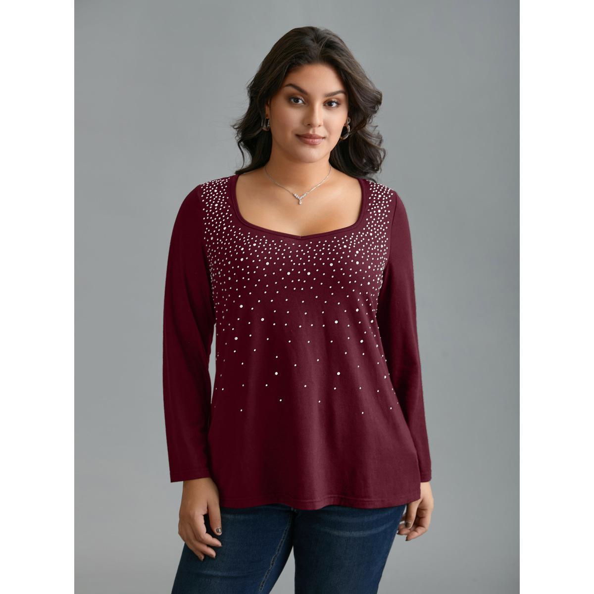 Plus Size Sequin Stretchy Long Sleeve T-shirt Black Women Timeless Rhinestone detailing Heart neckline Elegant T-shirts BloomChic 22-24/3X Product Image