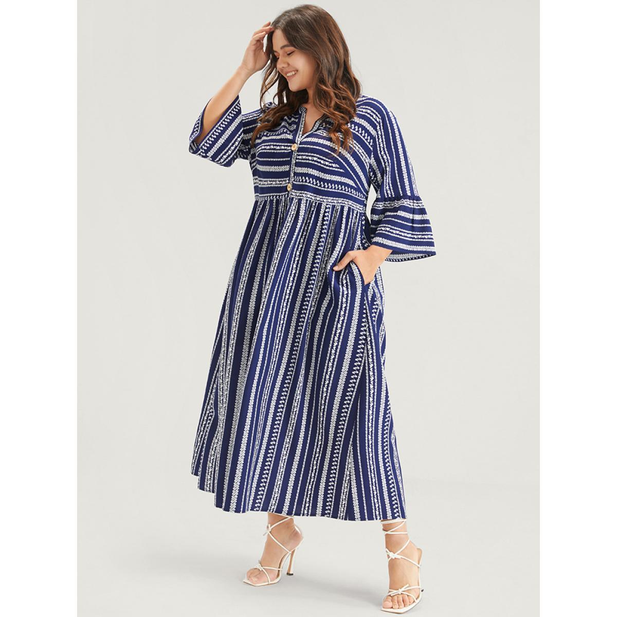 Plus Size Striped Ruffles Button Pocket Bell Sleeve Maxi Dress DarkBlue Women Casual Printed V-neck Elbow-length sleeve Curvy Midi Dress BloomChic 22-24/3X Product Image