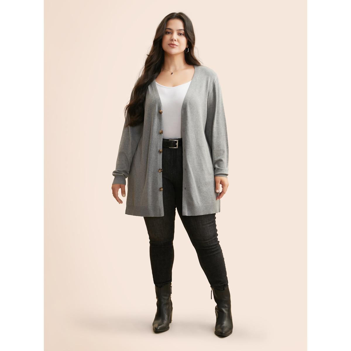 Plus Size Supersoft Essentials Plain Kimono Collar Cardigan Mediumgray Women Basics Loose Long Sleeve Everyday Cardigans BloomChic 26/4X Product Image