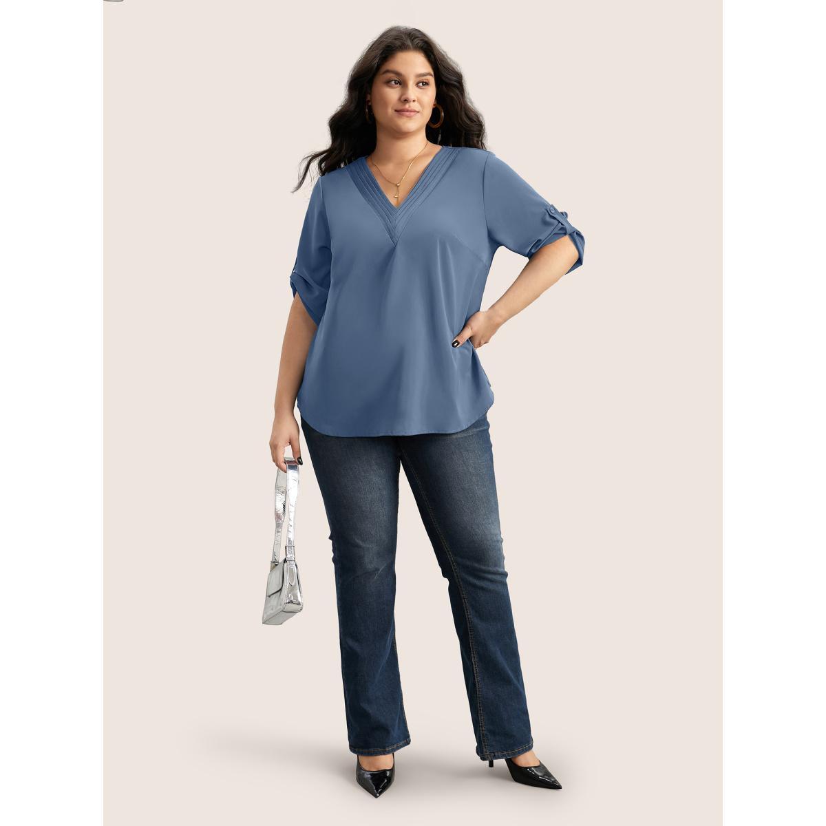 Plus Size Stone V Neck Plain Pleated Tab Sleeve Blouse Women Office Elbow-length sleeve V-neck Office Blouses BloomChic 12/L Product Image