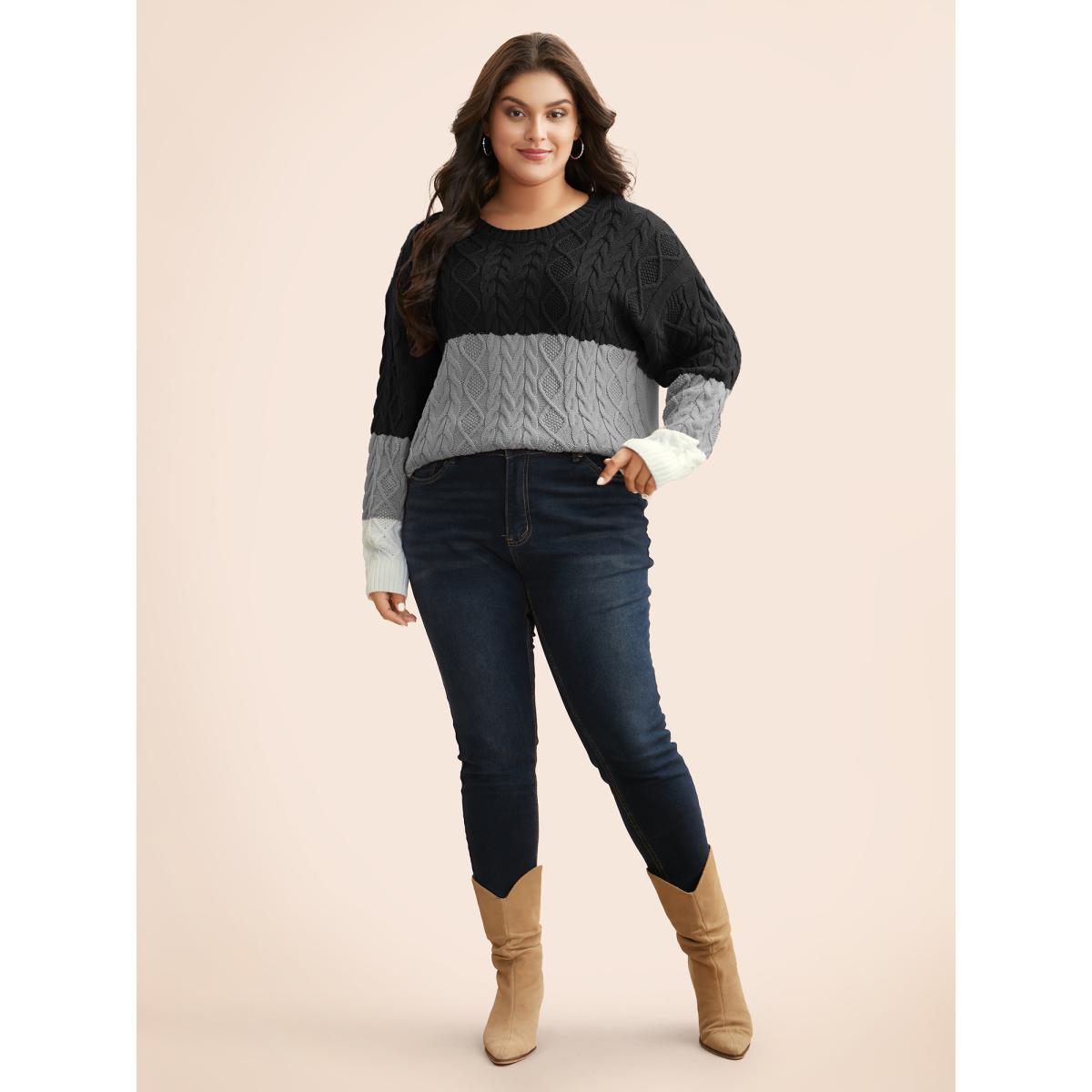 Plus Size Contrast Cable Knit Arc Hem Pullover Black Women Casual Loose Long Sleeve Round Neck Everyday Pullovers BloomChic 18-20/2X Product Image