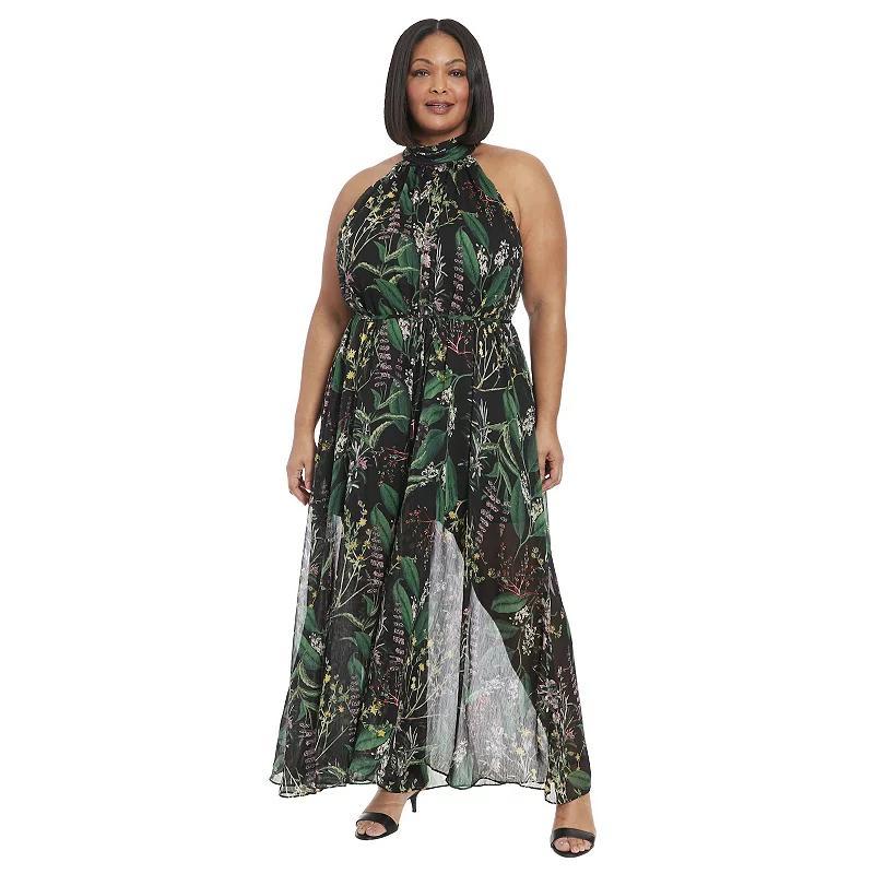 Plus Size London Times Ruched Collar Halter Neck Wide Leg Jumpsuit, Womens Product Image