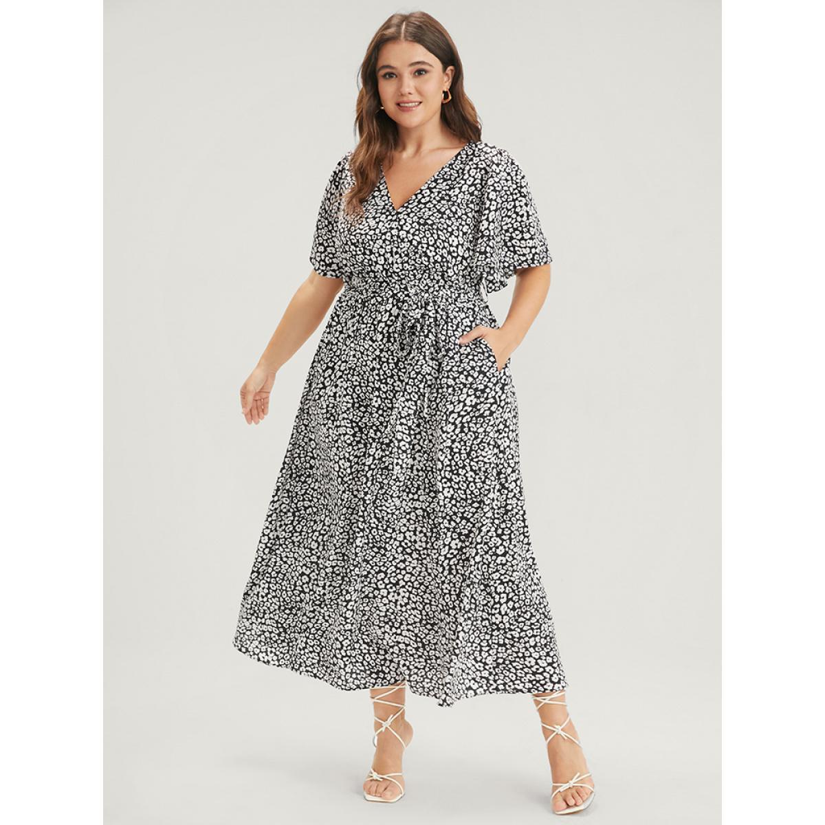 Plus Size Floral Knotted Pocket Flutter Button Wrap Dress BlackFlower Women Elegant Belted V-neck Short sleeve Curvy Midi Dress BloomChic 30/6X Product Image