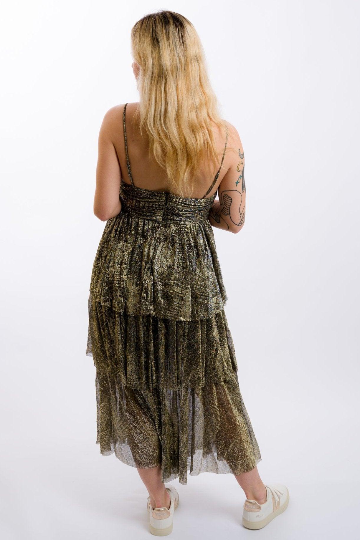 Moon River Metallic Cut-Out Tiered Maxi Dress - Black Gold Product Image