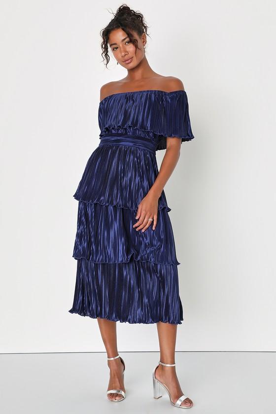 Ravishing Aura Navy Satin Pleated Off-the-Shoulder Midi Dress Product Image