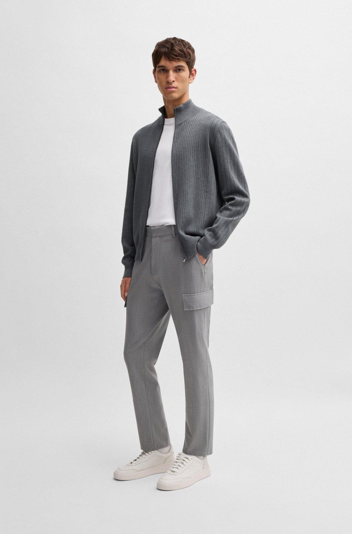 Zip-up cotton cardigan with knitted pinstripes Product Image