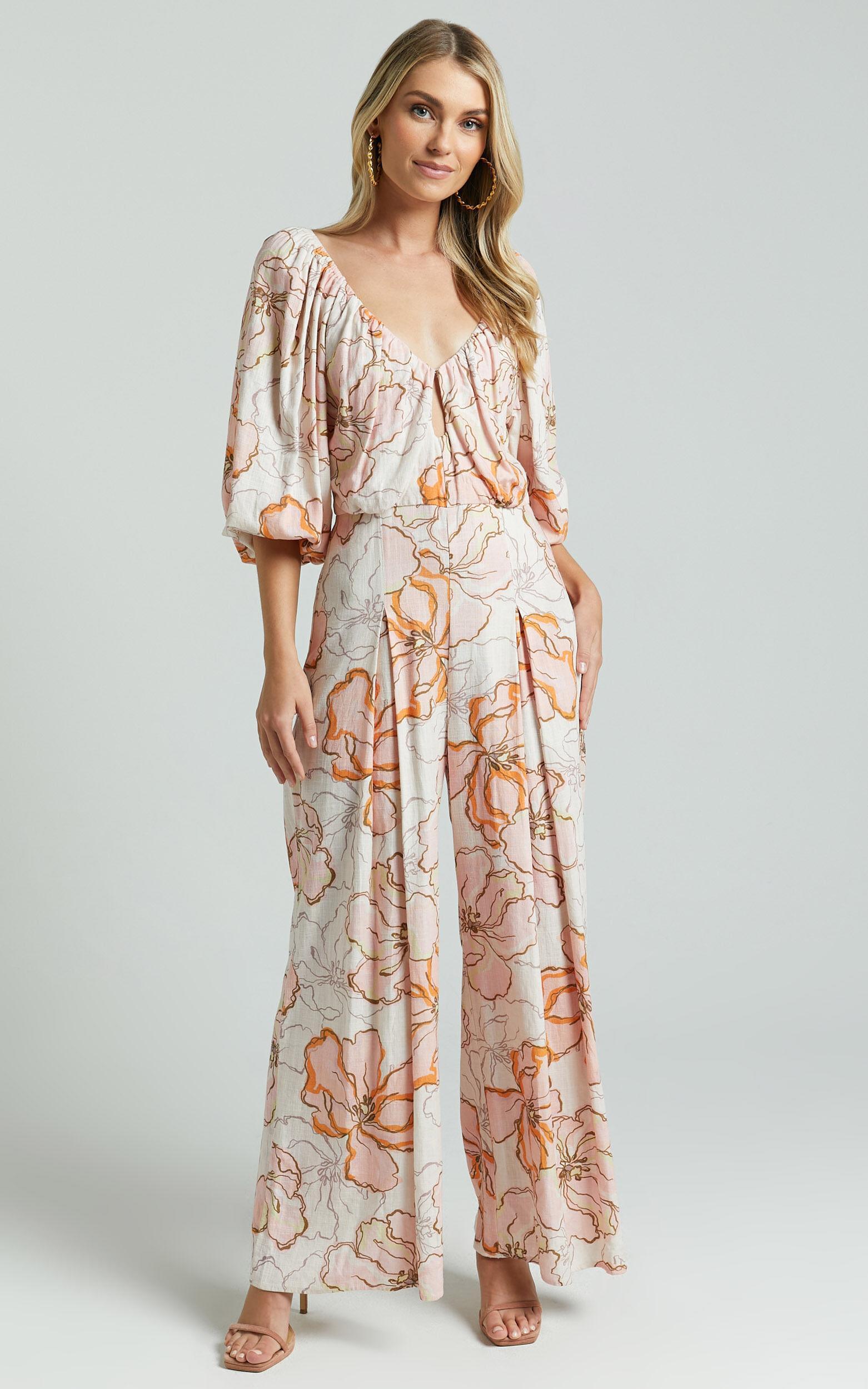 Amalie The Label - Berenice Linen Blend Puff Sleeve Wide Leg Jumpsuit in Maison Fleur Product Image