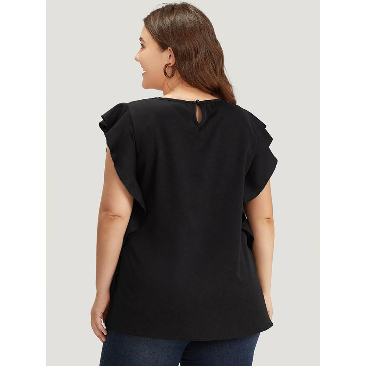 Plus Size Black Solid Crew Neck Ruffle Trim Blouse Women Office Cap Sleeve Round Neck Work Blouses BloomChic 26/4X Product Image