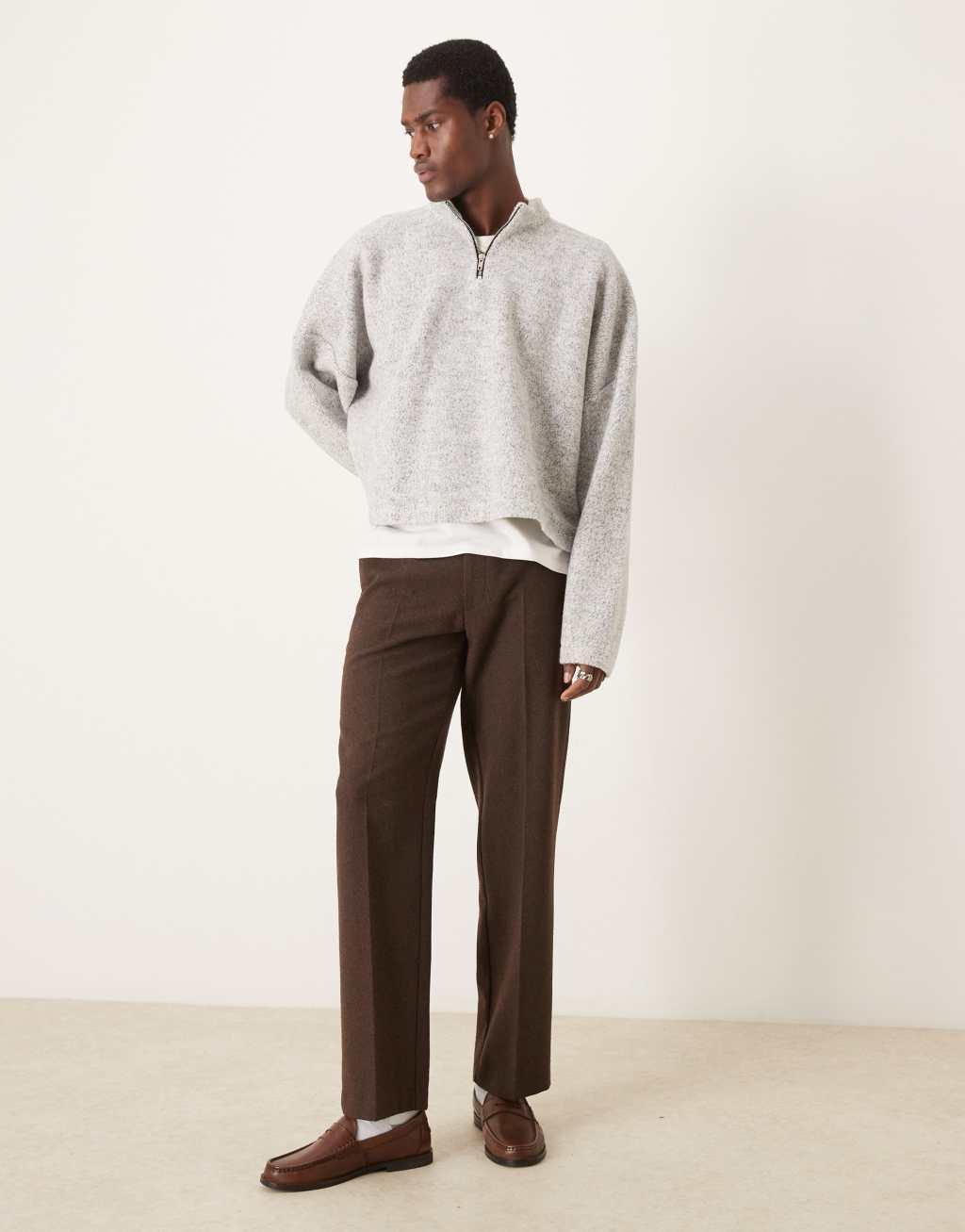 ASOS DESIGN oversized drop shoulder cropped sweatshirt with funnel neck in brushed gray heather Product Image