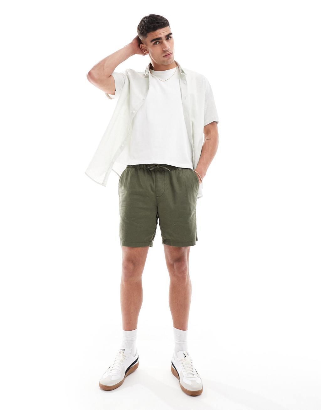 ASOS DESIGN slim linen mix shorts in khaki Product Image