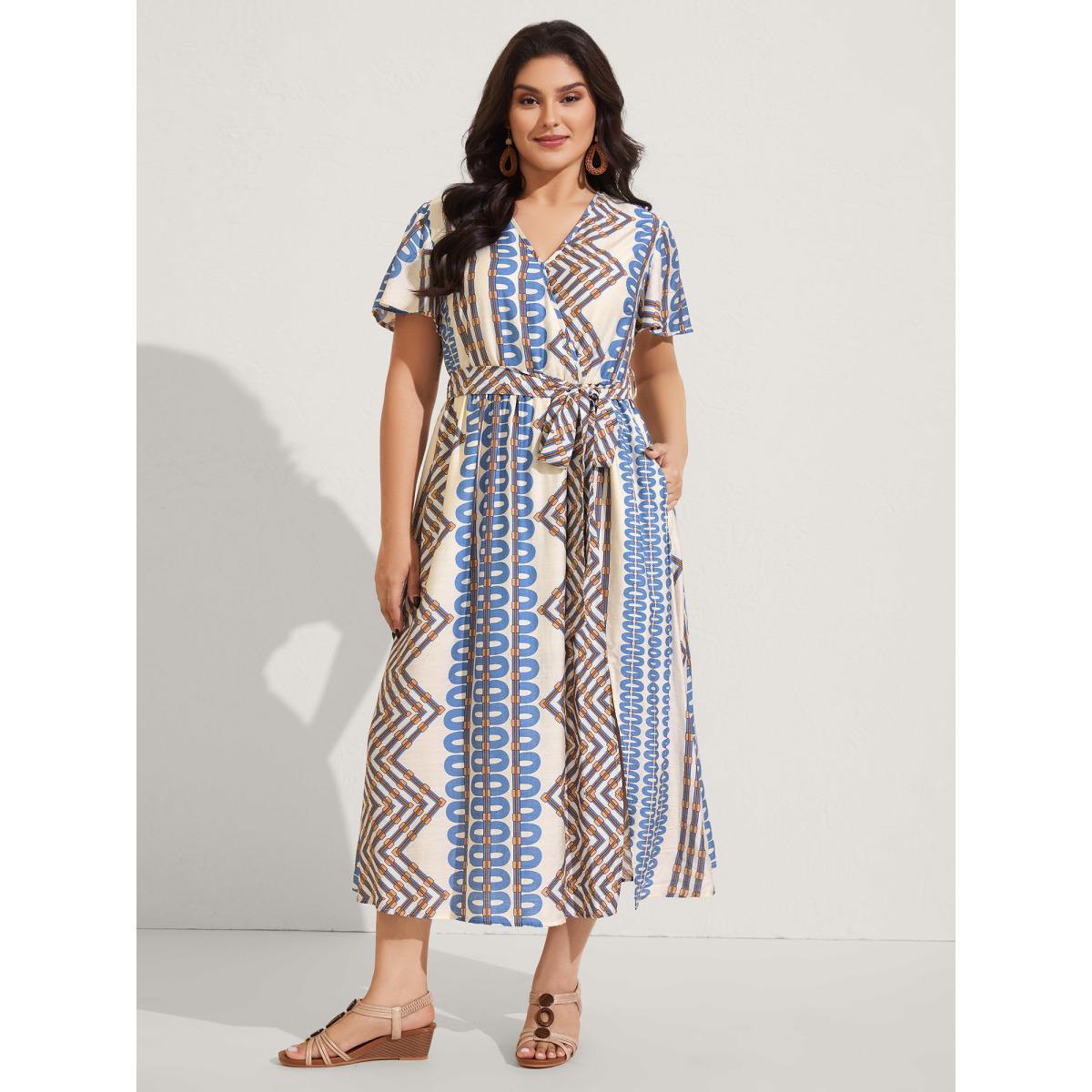 Plus Size Stripe Geometric Print Slit Maxi Dress Aegean Women Overlap Collar Sleeveless Curvy BloomChic 28/5X Product Image