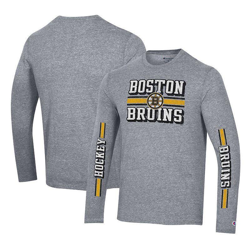 Men's Champion Heather Gray Boston Bruins Tri-Blend Dual-Stripe Long Sleeve T-Shirt, Size: Small, Grey Product Image