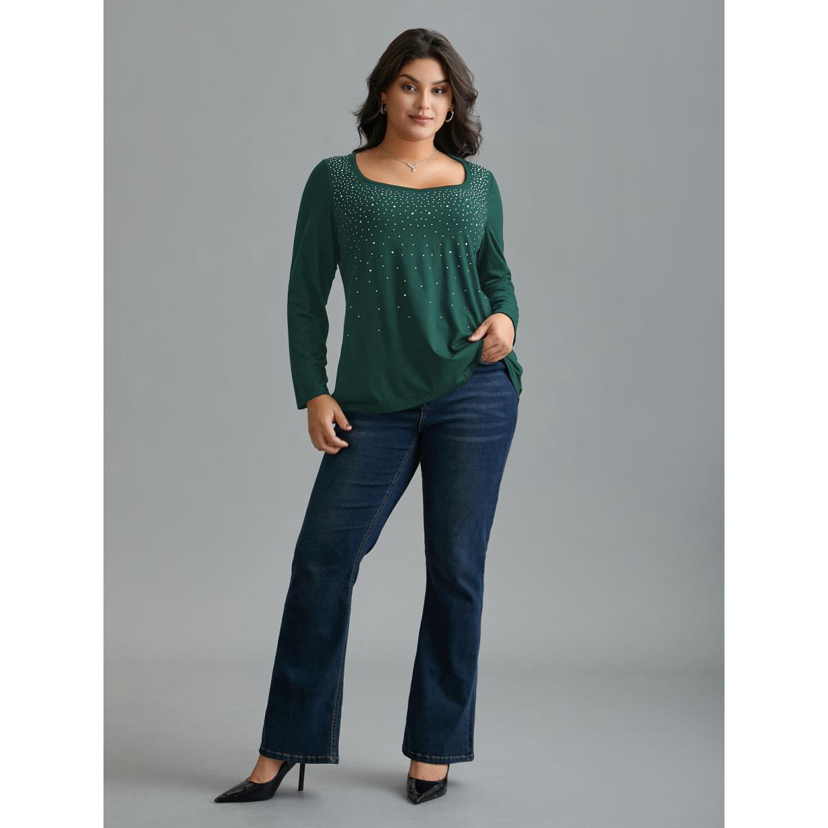 Plus Size Sequin Stretchy Long Sleeve T-shirt Black Women Timeless Rhinestone detailing Heart neckline Elegant T-shirts BloomChic 22-24/3X Product Image