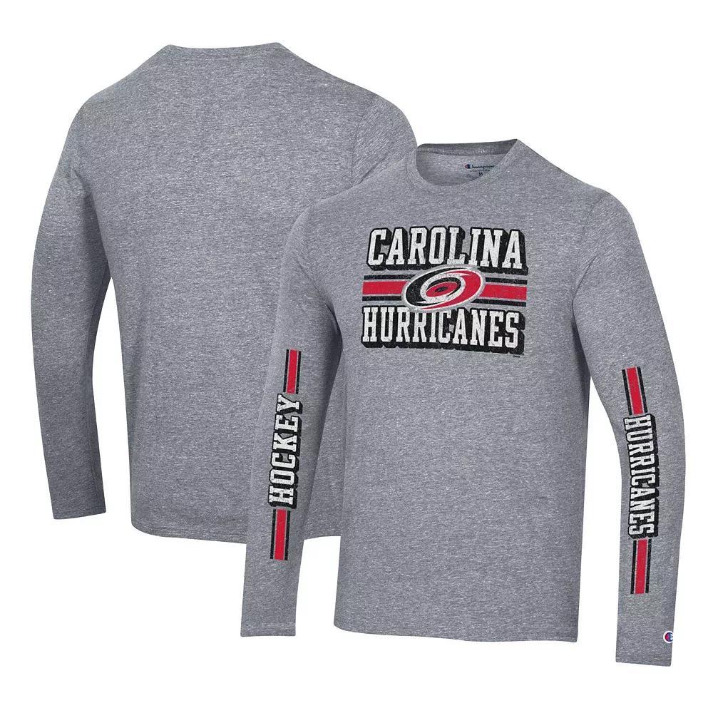 Men's Champion Heather Gray Carolina Hurricanes Tri-Blend Dual-Stripe Long Sleeve T-Shirt, Size: Small, Grey Product Image