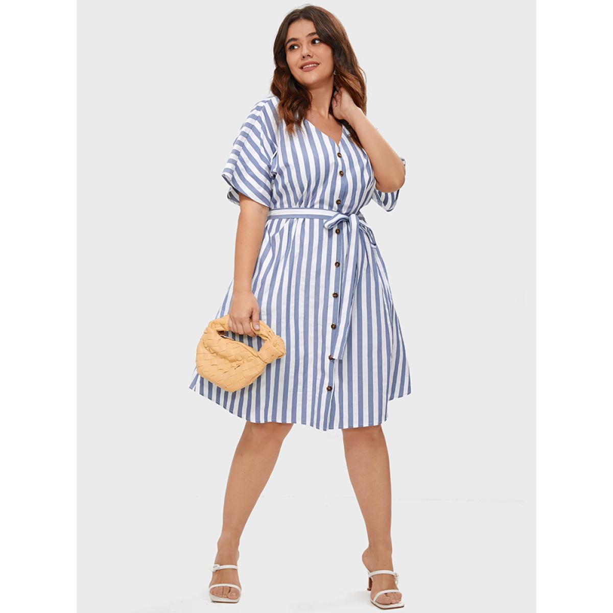Plus Size Striped V Neck Button Belted Knee Dress Blue Women Office Gathered V-neck Short sleeve Curvy BloomChic 28/5X Product Image