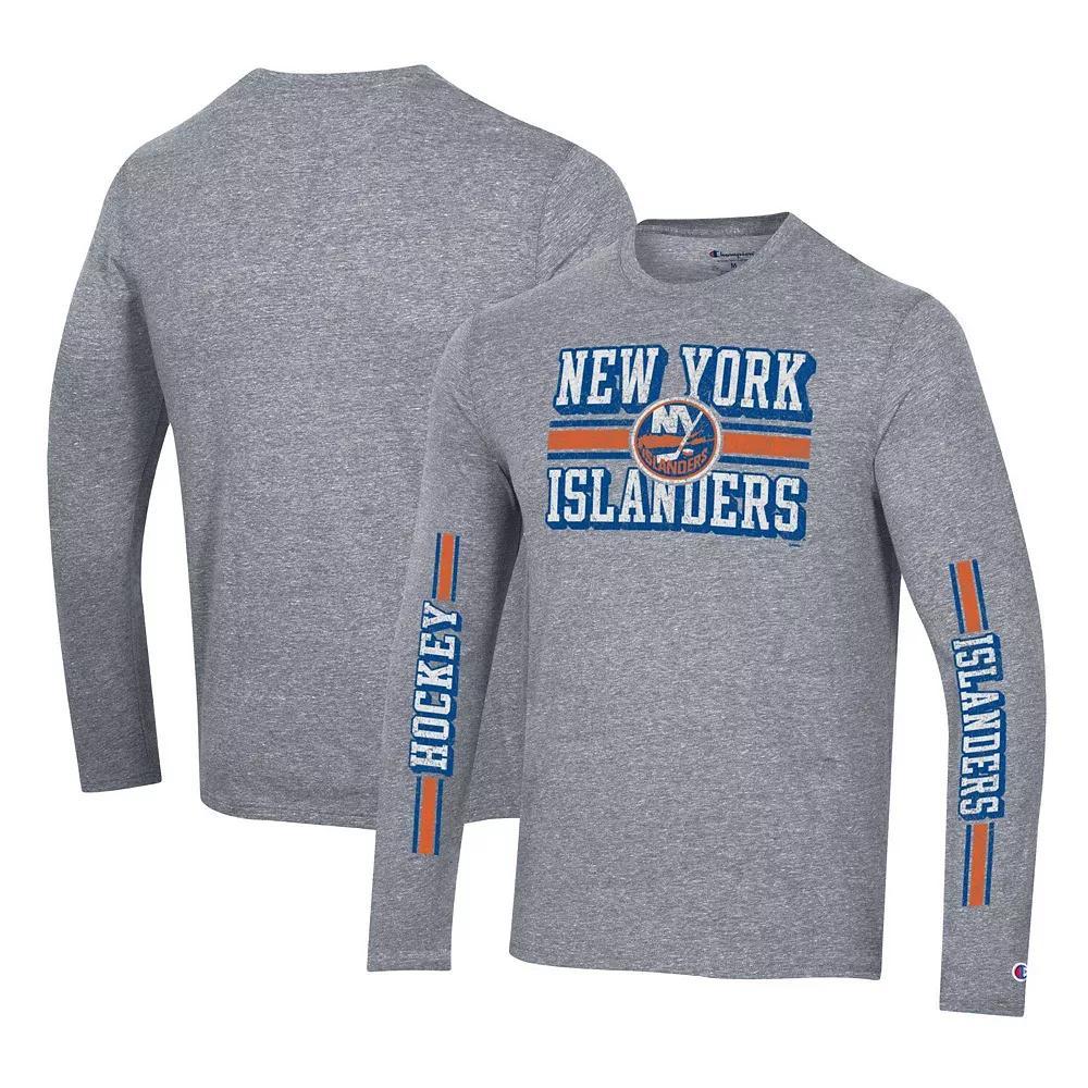 Men's Champion Heather Gray New York Islanders Tri-Blend Dual-Stripe Long Sleeve T-Shirt,  Product Image
