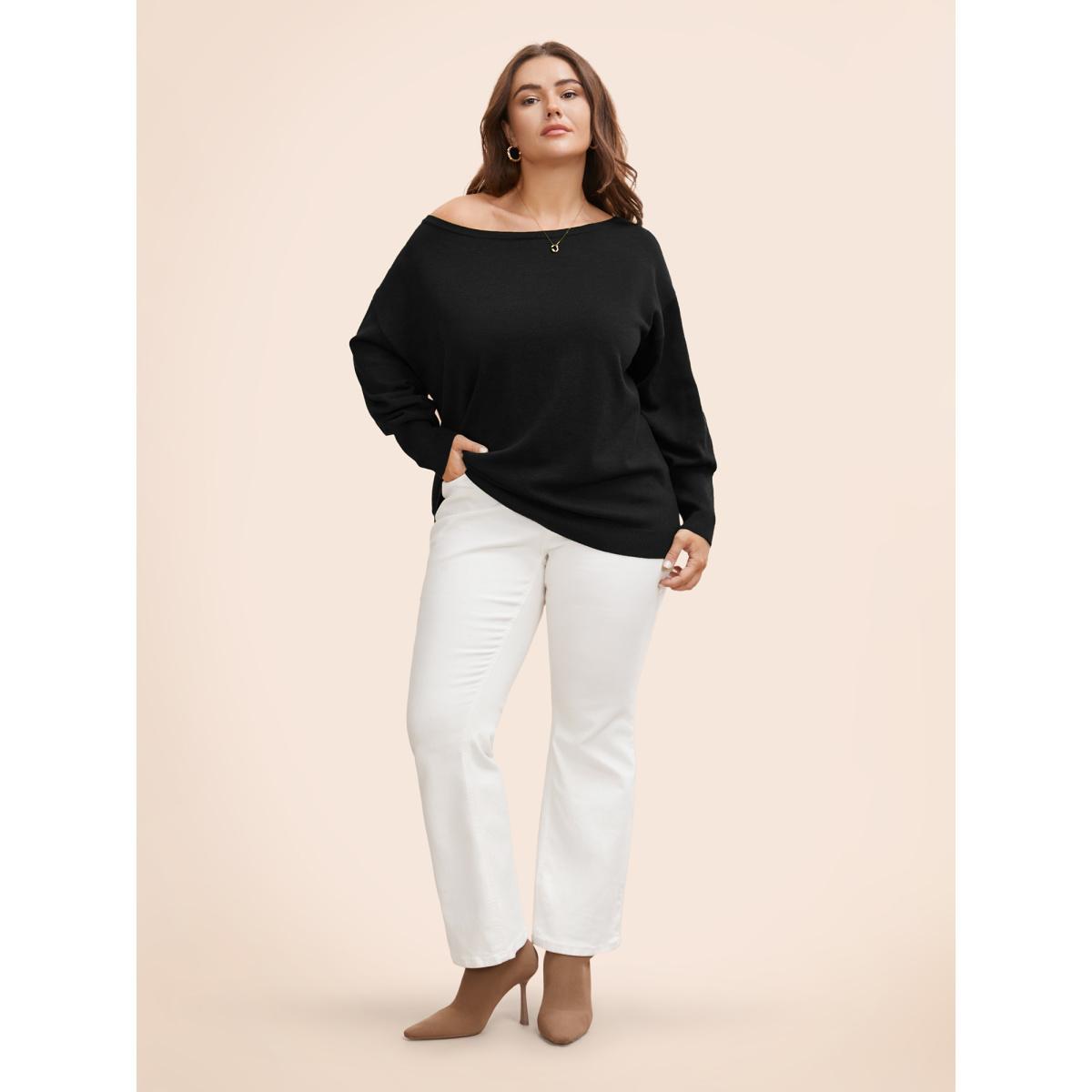 Plus Size Supersoft Essentials Boat Neck Drop Shoulder Pullover Black Women Elegant Long Sleeve Boat Neck Everyday Pullovers BloomChic 22-24/3X Product Image