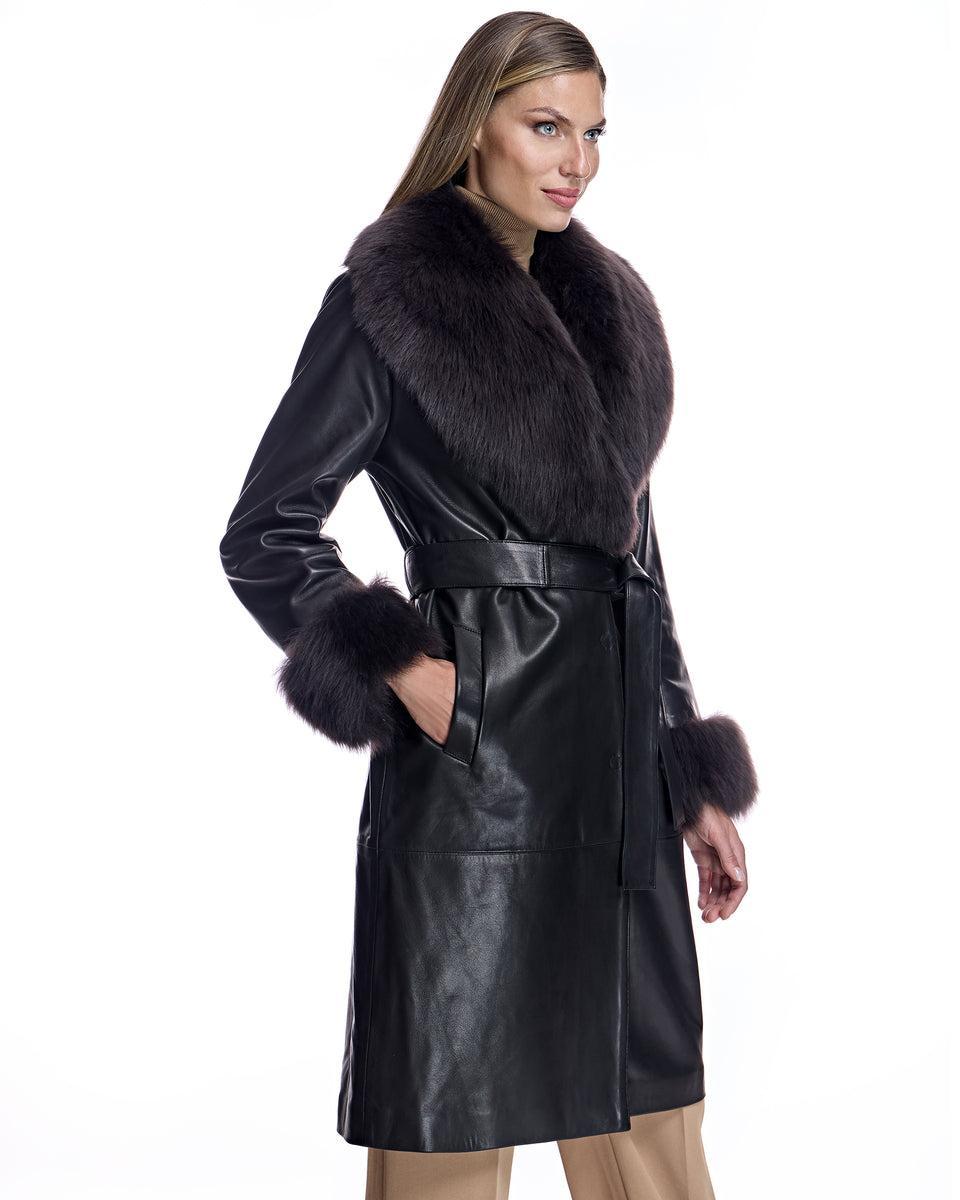 Julia & Stella by Maximilian Belted Leather Short Coat with Shearling Trim Product Image