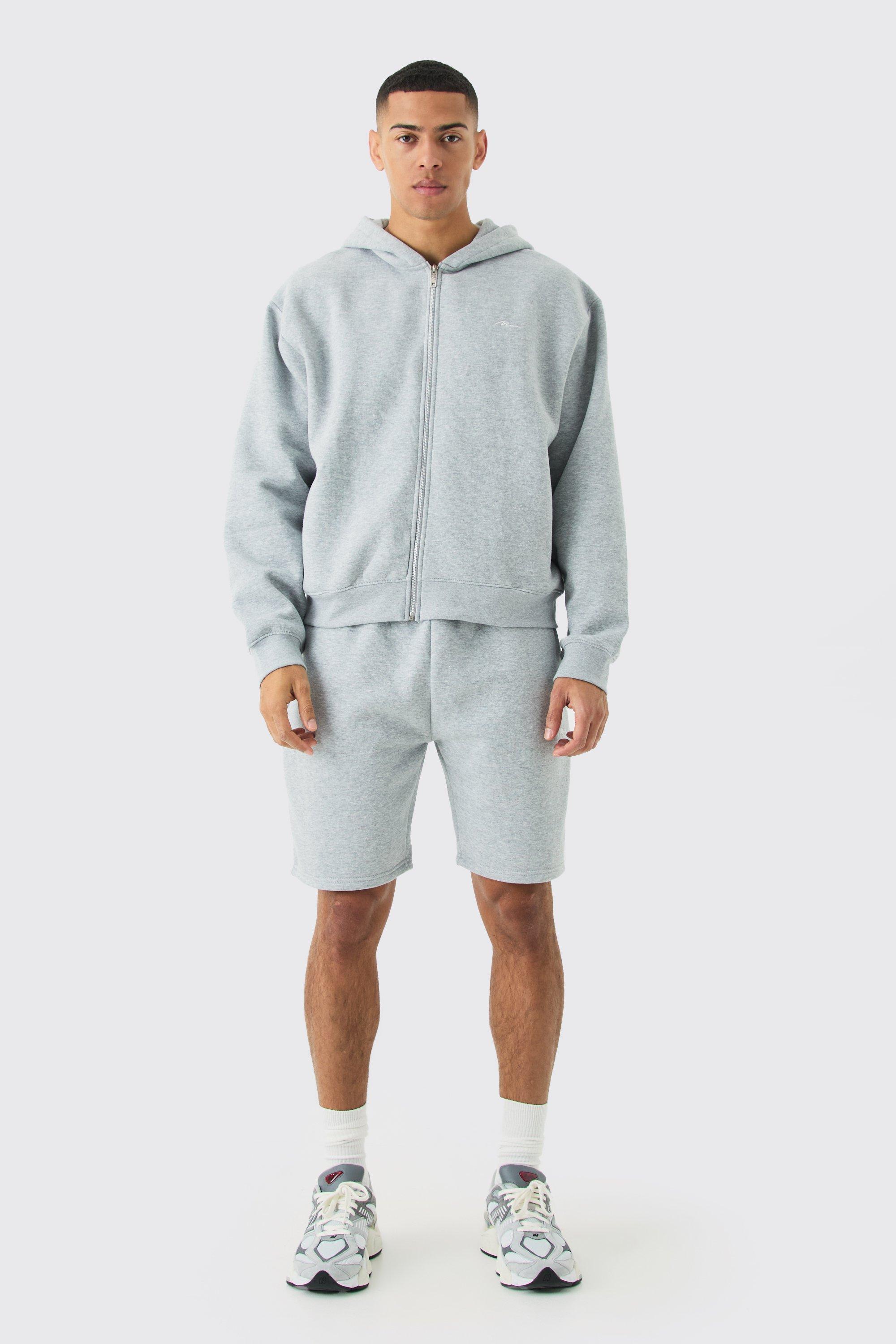 Mens Grey Man Signature Oversized Boxy Zip Thru Short Tracksuit, Grey Product Image