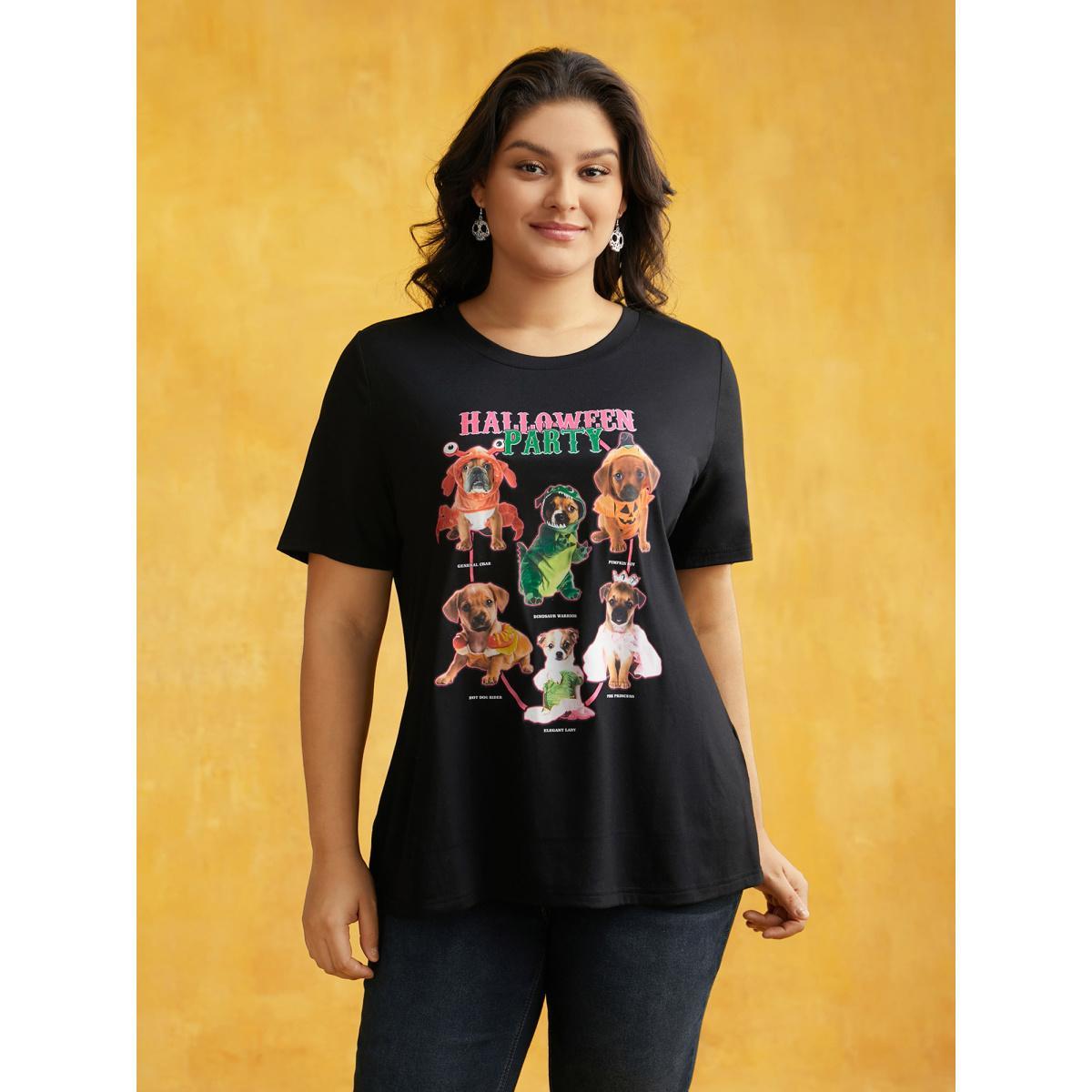 Plus Size Party Puppies Printed Slim-Fit T-shirt Black Women Casual Non Animals Round Neck Everyday T-shirts BloomChic 12/L Product Image