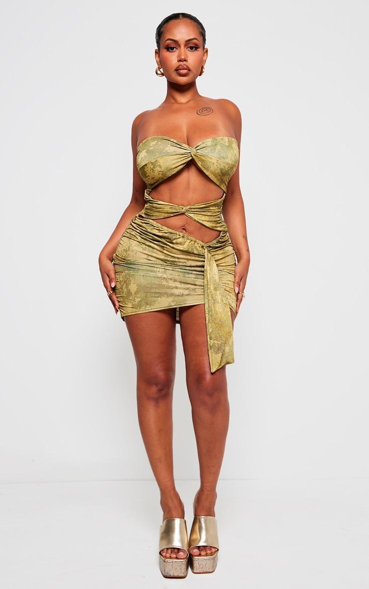 Shape Green Slinky Tie Dye Print Bandeau Twist Front Bodycon Dress Product Image