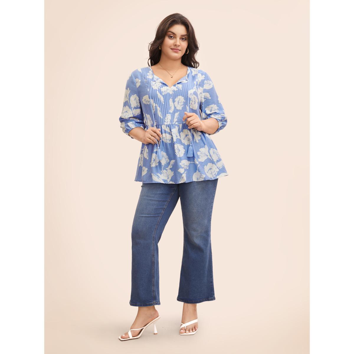 Plus Size LightBlue Floral Pleated Tassel Trim Lantern Sleeve Blouse Women Elegant Elbow-length sleeve V-neck Everyday Blouses BloomChic 18-20/2X Product Image