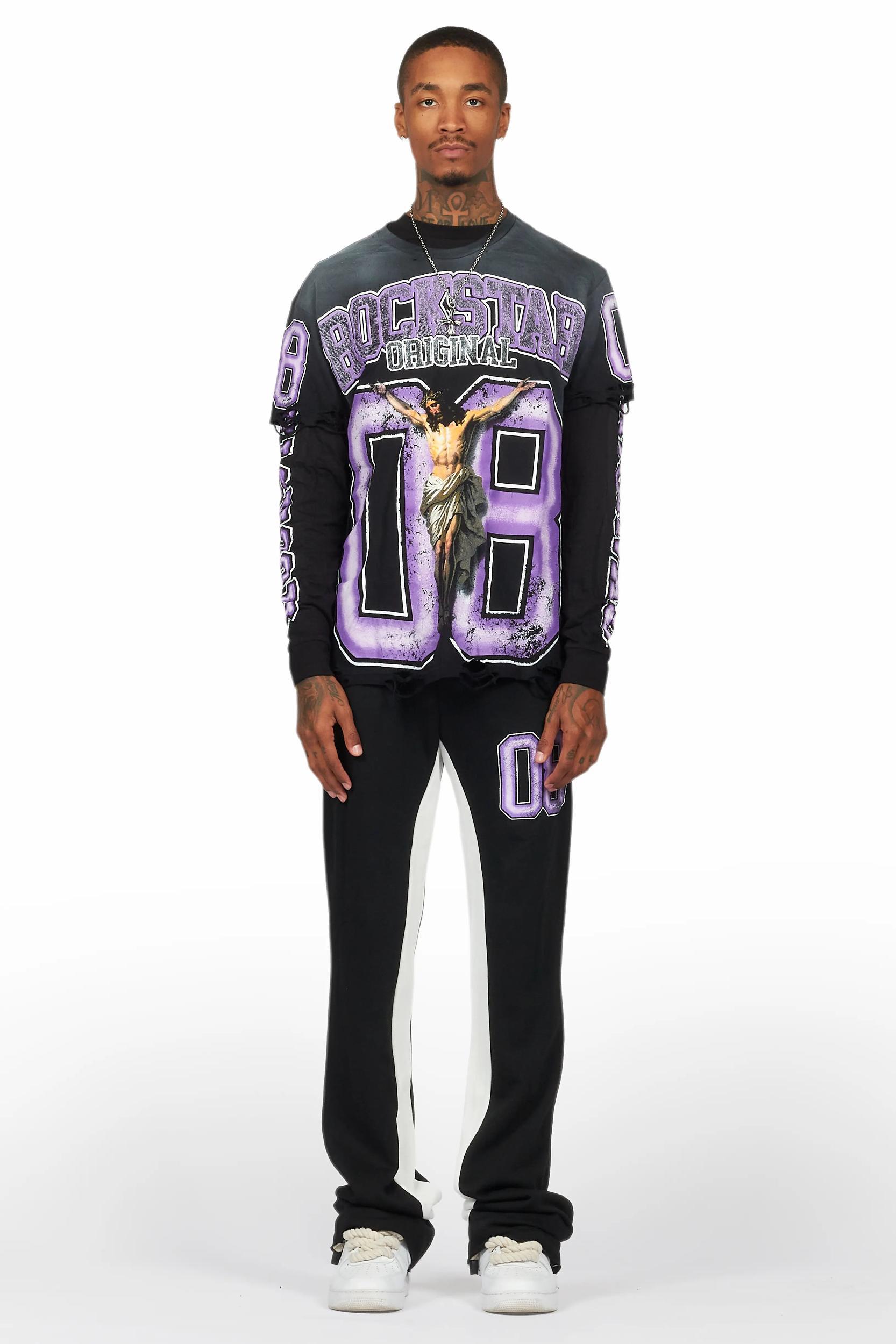 Fields Black/Purple Double Layer T-Shirt/Stacked Baggy Track Pant Set Male Product Image