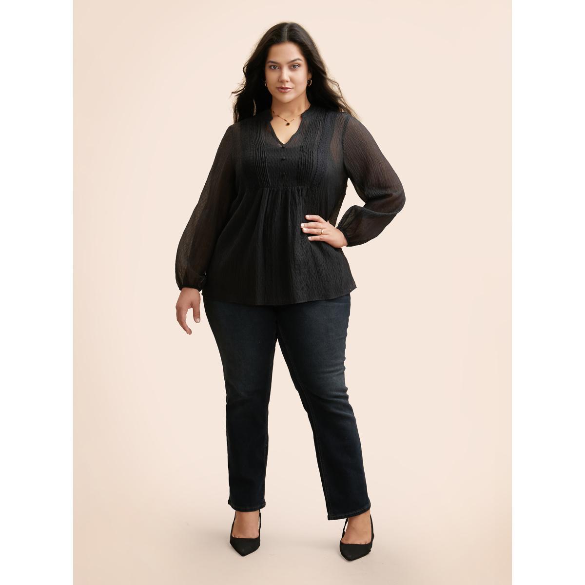 Plus Size Black Textured Lace Panel Pleated Blouse Women Elegant Long Sleeve V-neck Everyday Blouses BloomChic 26/4X Product Image