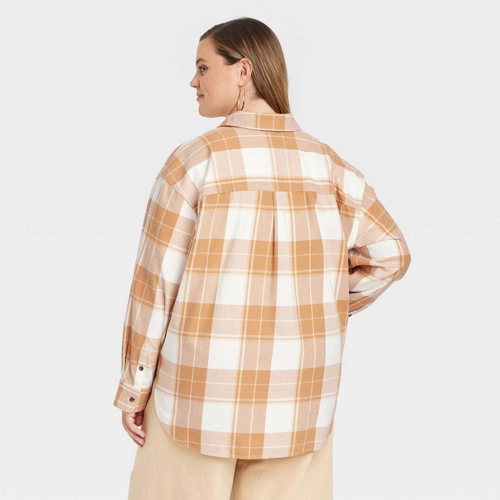 Women's Oversized Flannel Long Sleeve Collared Button-Down Shirt - Universal Thread™ Brown Plaid XXL Product Image