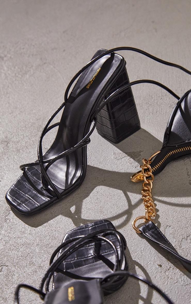 Black Croc PU Toe Loop Lace Up Chunky Block Heeled Sandals Product Image