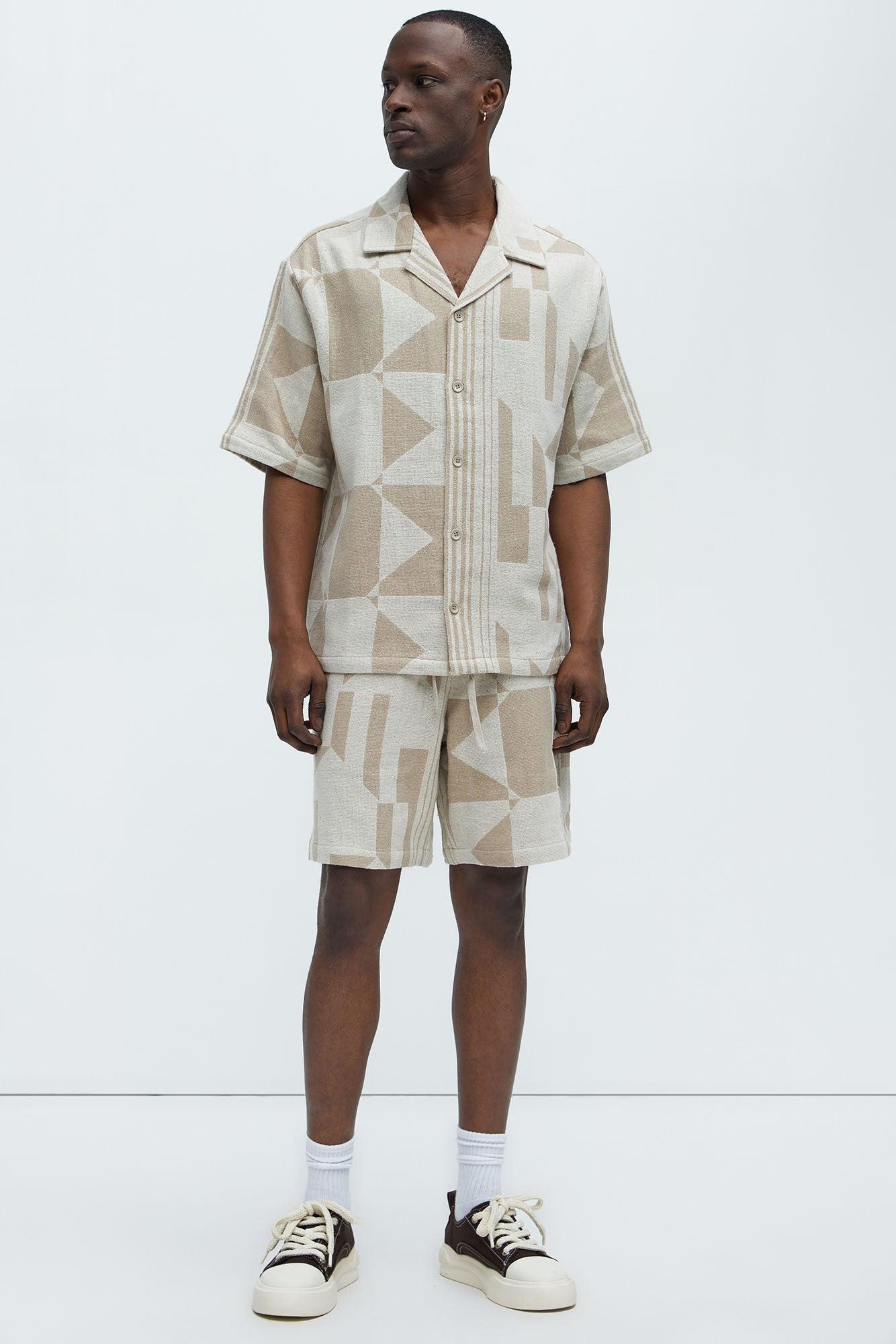 Abstract Cuban Collar Button Down Shirt - Cream/combo Product Image