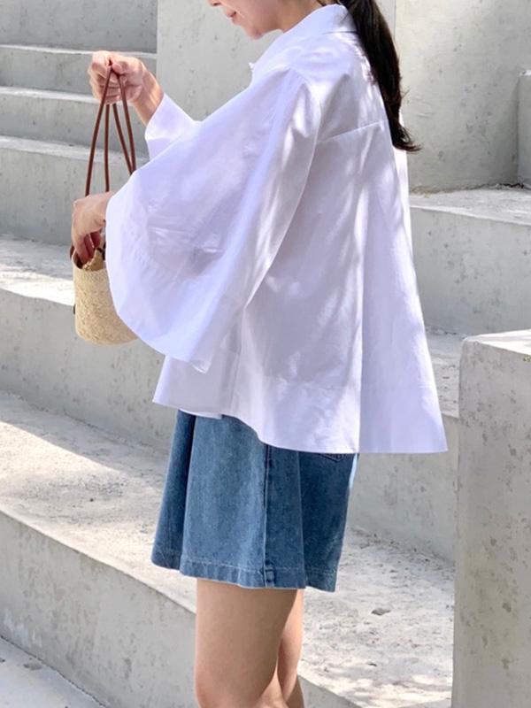 A-Line Flared Sleeves Buttoned Pleated Solid Color Lapel Blouses&Shirts Tops Product Image