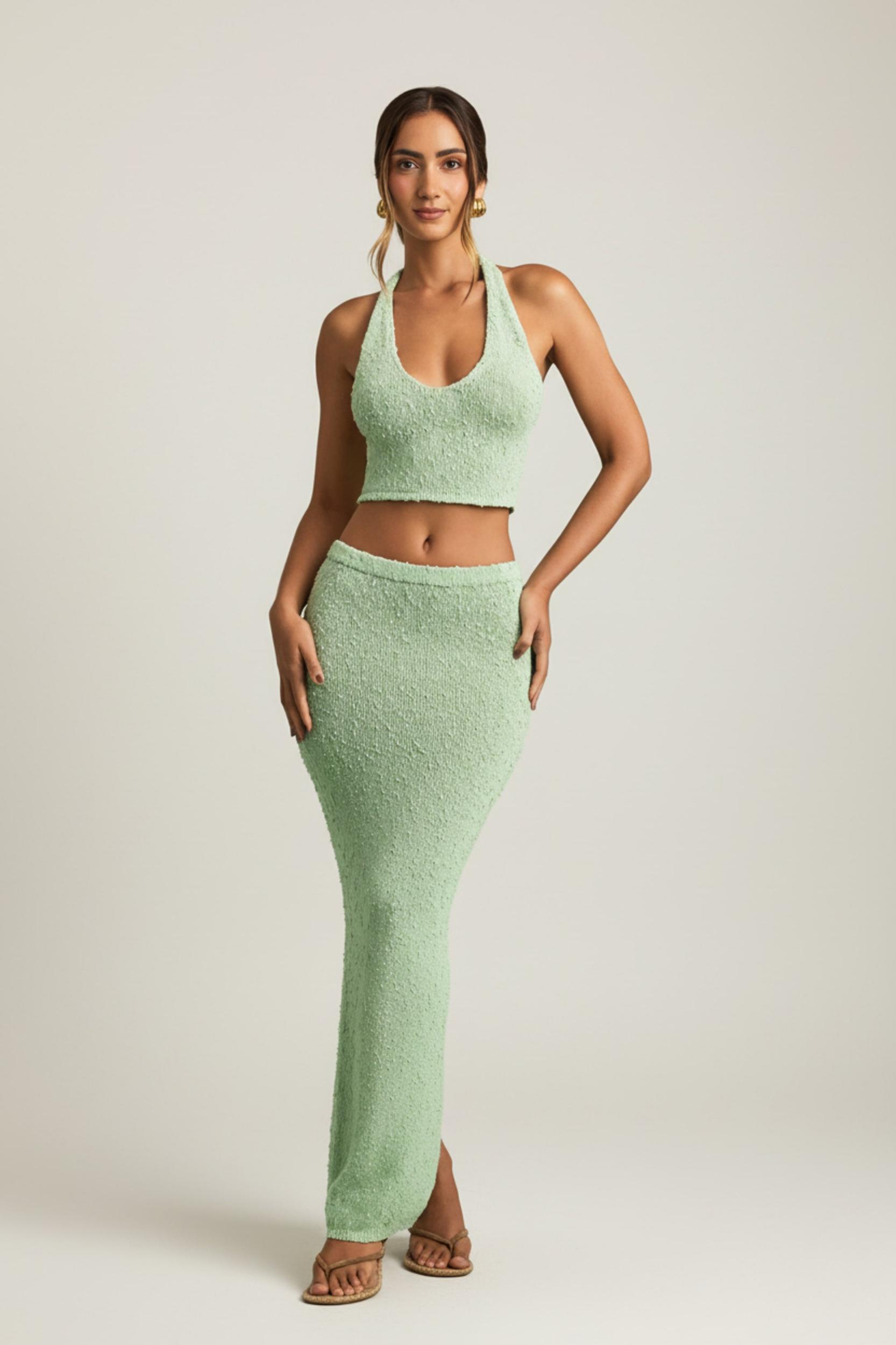 Bouclé Mid-Rise Maxi Skirt in Mint Product Image