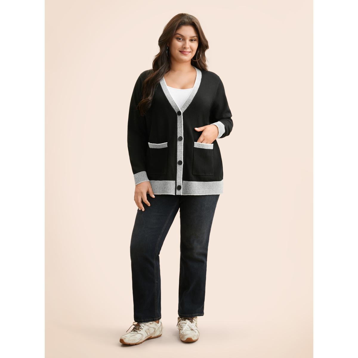 Plus Size Contrast Button Up Pocket Cardigan Black Women Leisure Long Sleeve Casual Cardigans BloomChic 10/M Product Image