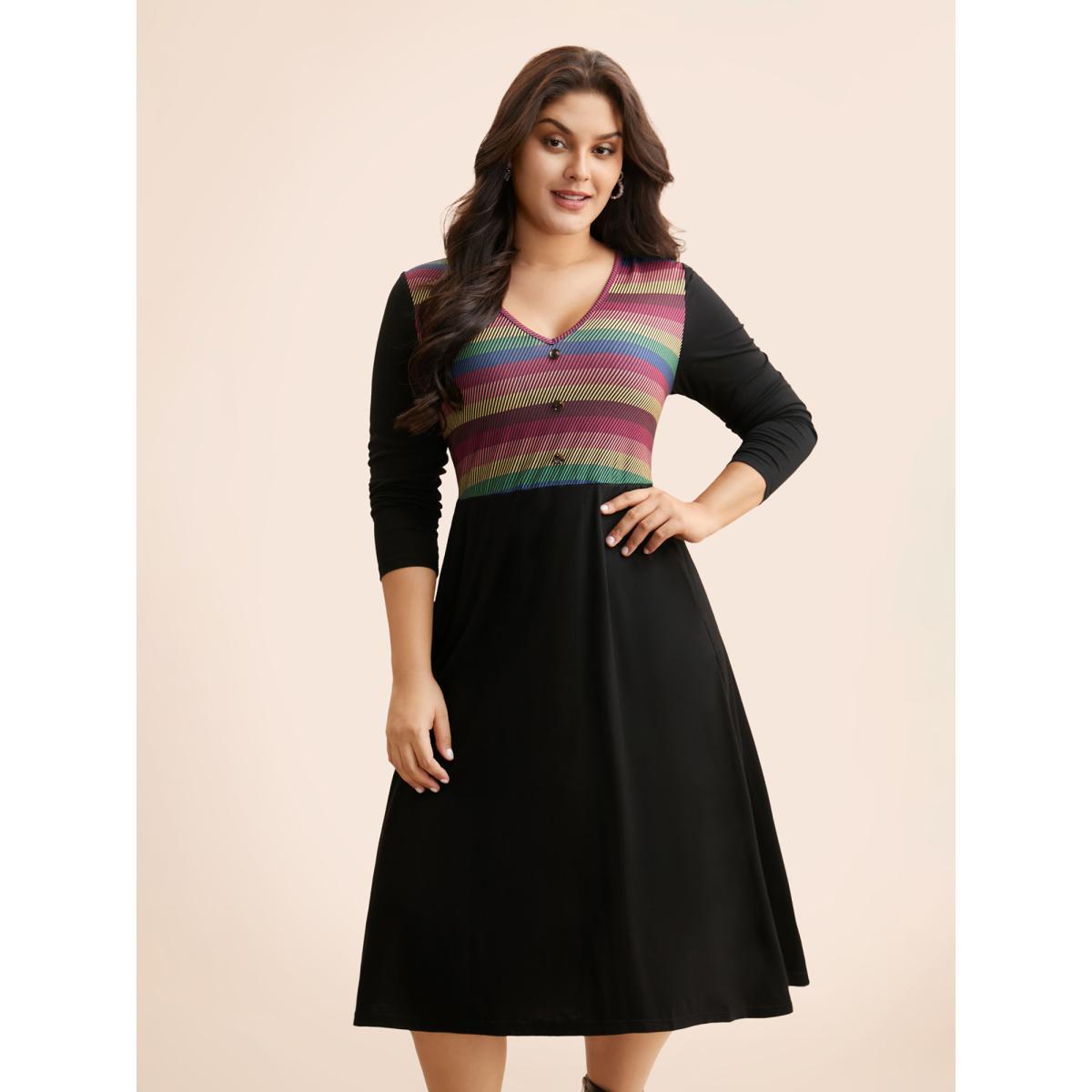 Plus Size Contrast Striped Button Detail Midi Dress Black Women Elegant Contrast V-neck Long Sleeve Curvy BloomChic 26/4X Product Image