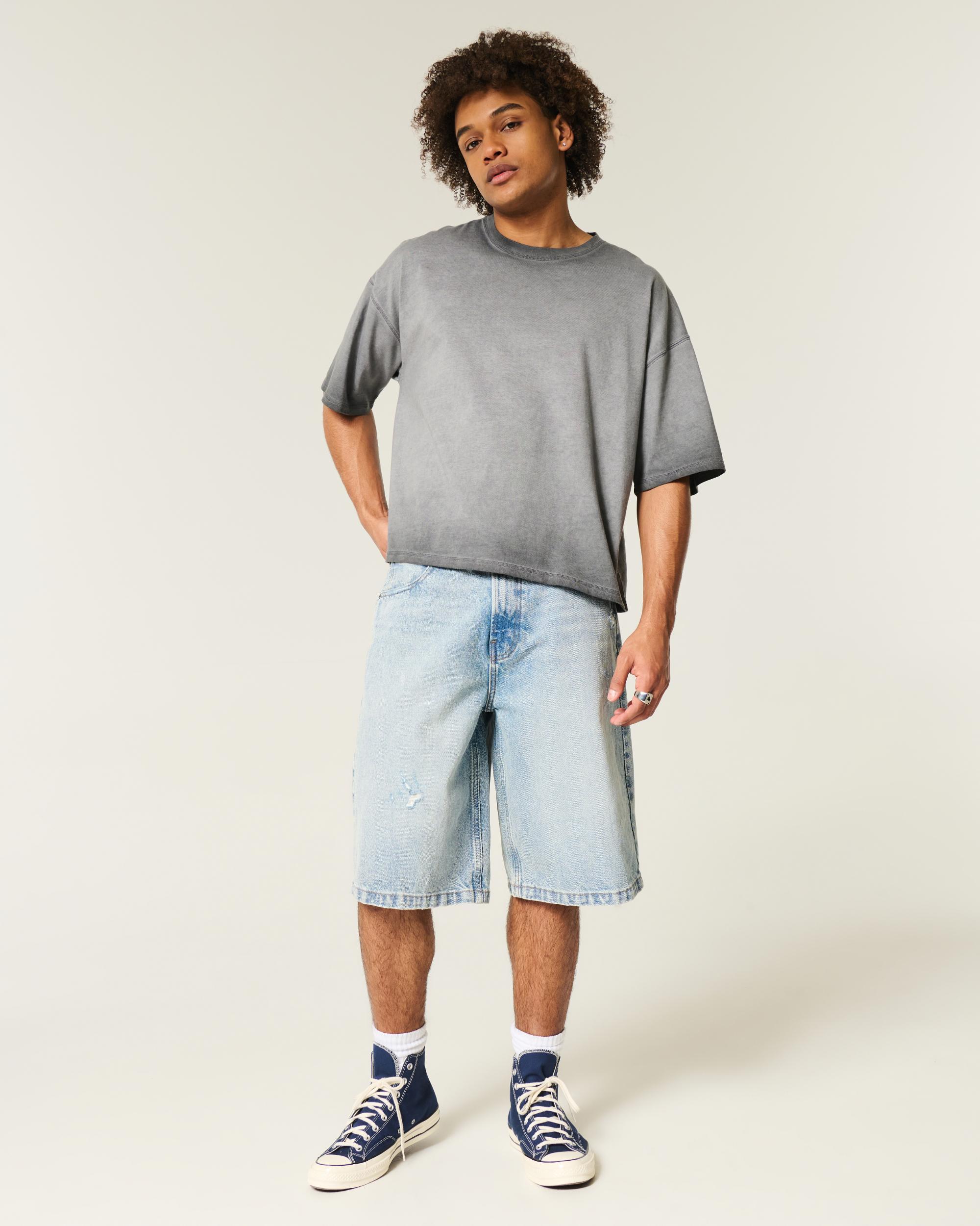 Below-the-Knee Washed Black Super Baggy Denim Shorts Product Image