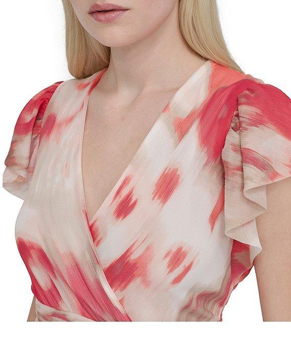 DKNY Donna Karan Petite Size V Neck Flutter Sleeve Tiered A Line Dress Product Image