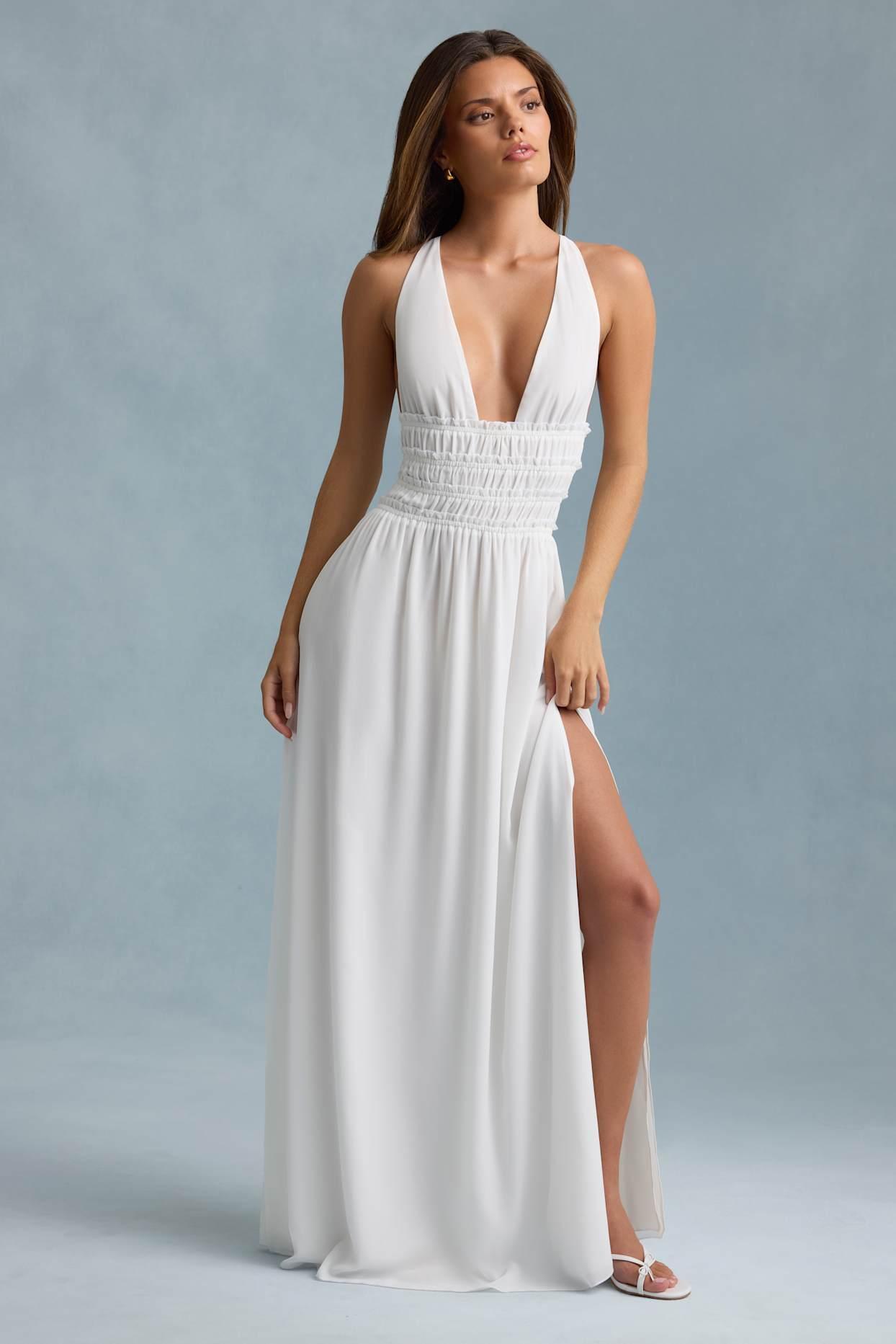 Plunge Cross-Back Maxi Dress in White Product Image