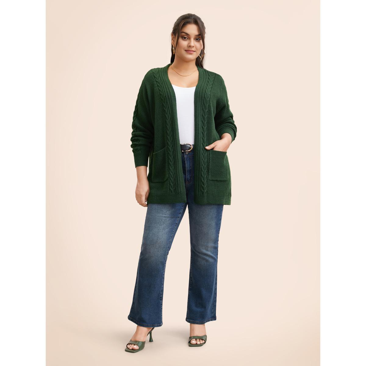 Plus Size Texture Cable Knit Patch Pocket Cardigan DarkGreen Women Casual Loose Long Sleeve Everyday Cardigans BloomChic 22-24/3X Product Image