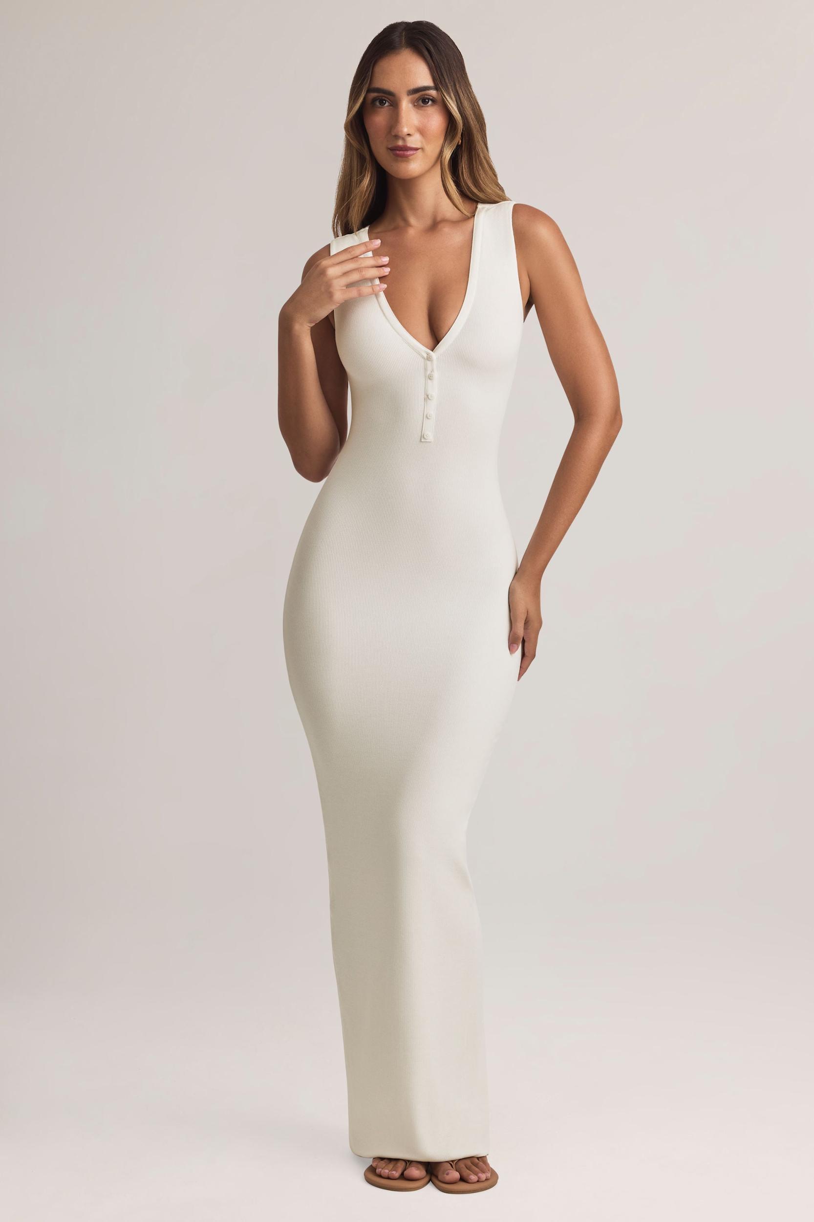 Modal Button-Detail Maxi Dress in White Product Image