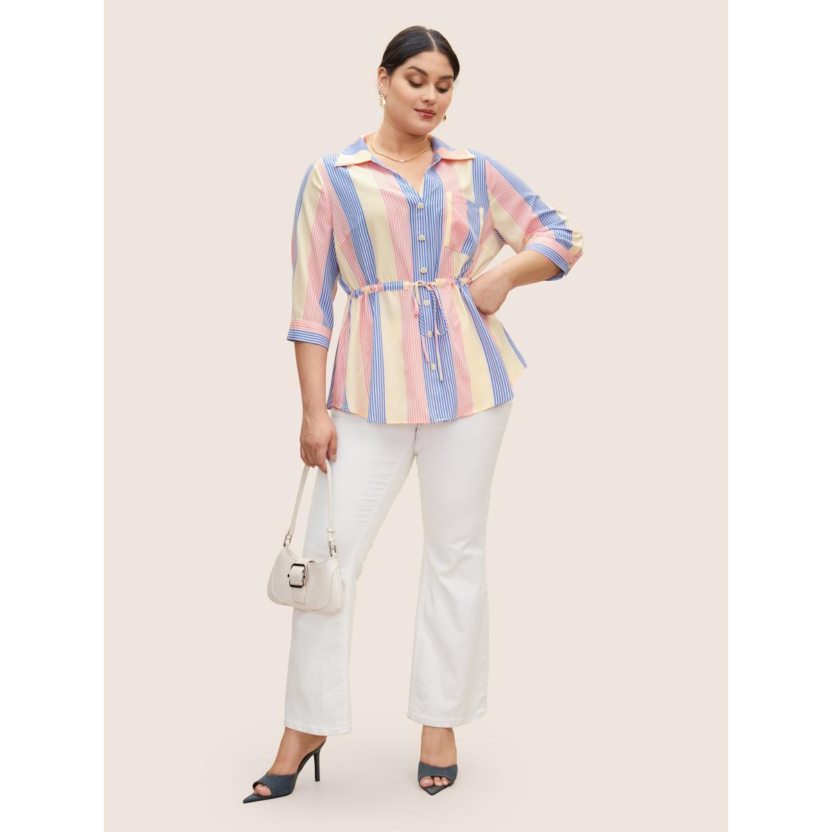 Plus Size Multicolor Contrast Striped Drawstring Patched Pocket Blouse Women Casual Elbow-length sleeve Shirt collar Everyday Blouses BloomChic 12/L Product Image