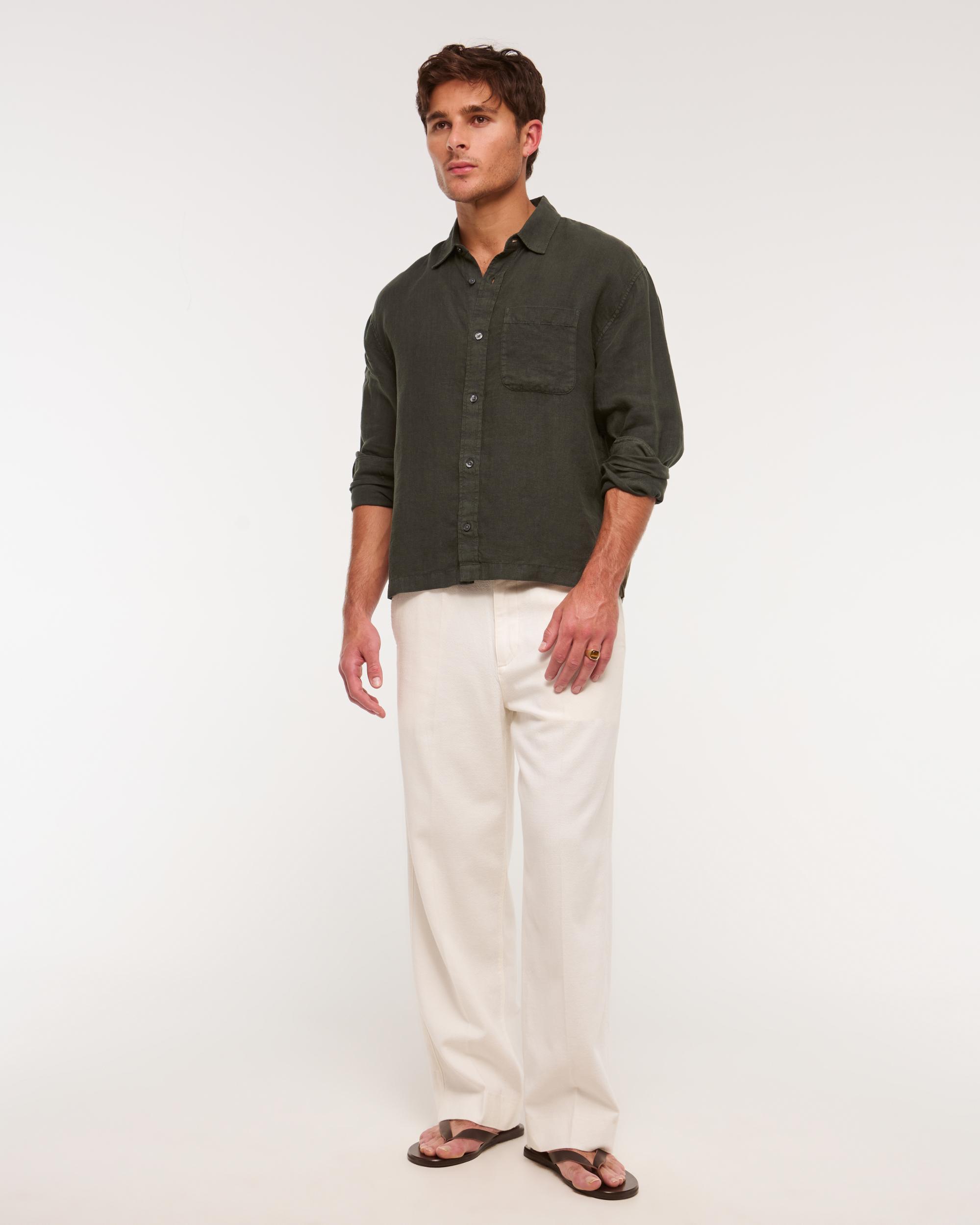 Cropped Linen Button-Up Shirt Product Image