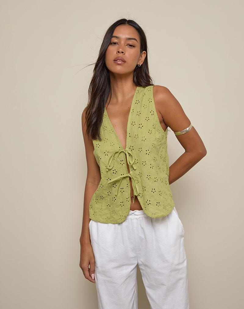 Kayve Tie-Front Top in Little Daisy Broderie Lime Female Product Image