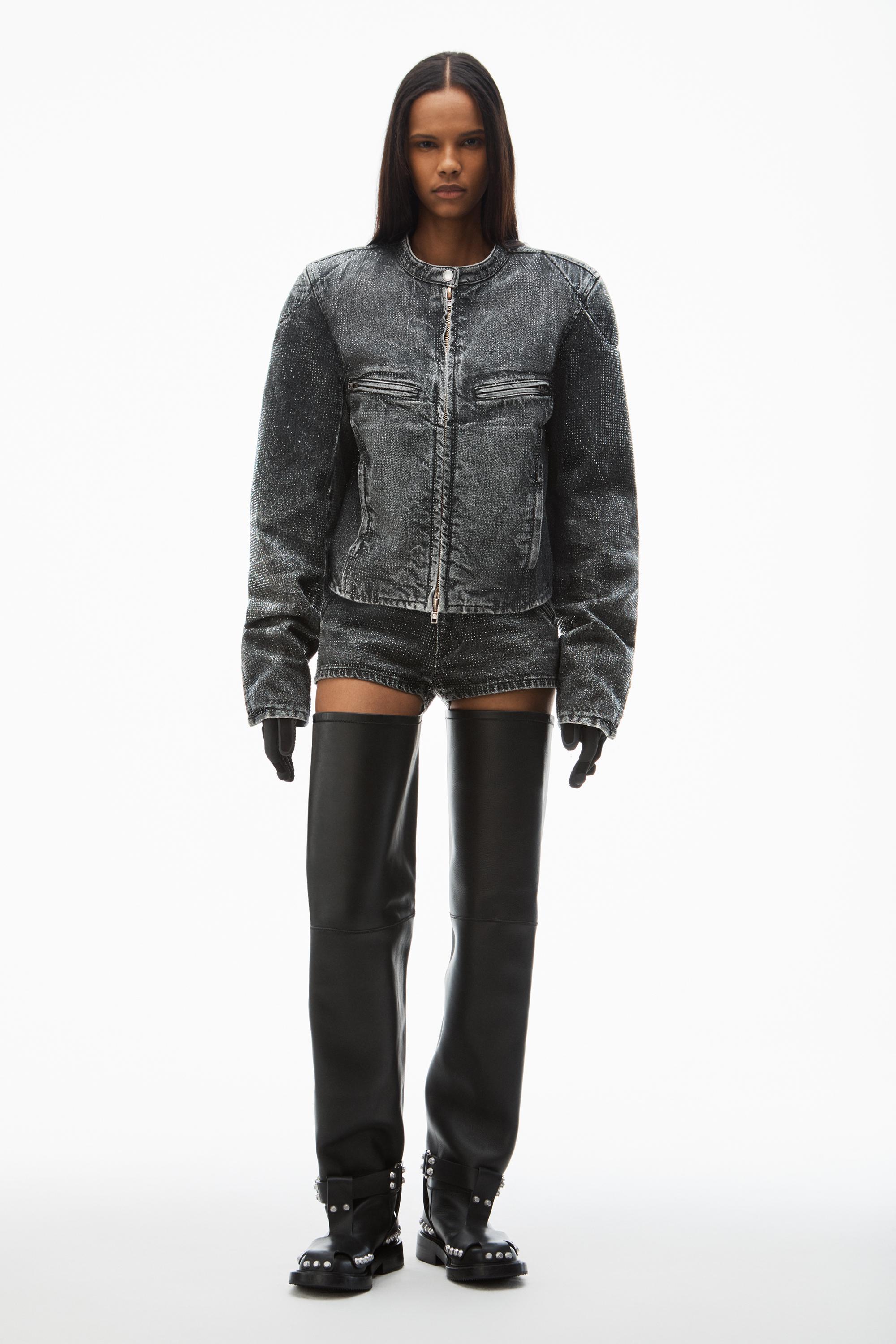 Clear Crystal Hotfix Moto Jacket In Crackle Grey Wash Denim Product Image