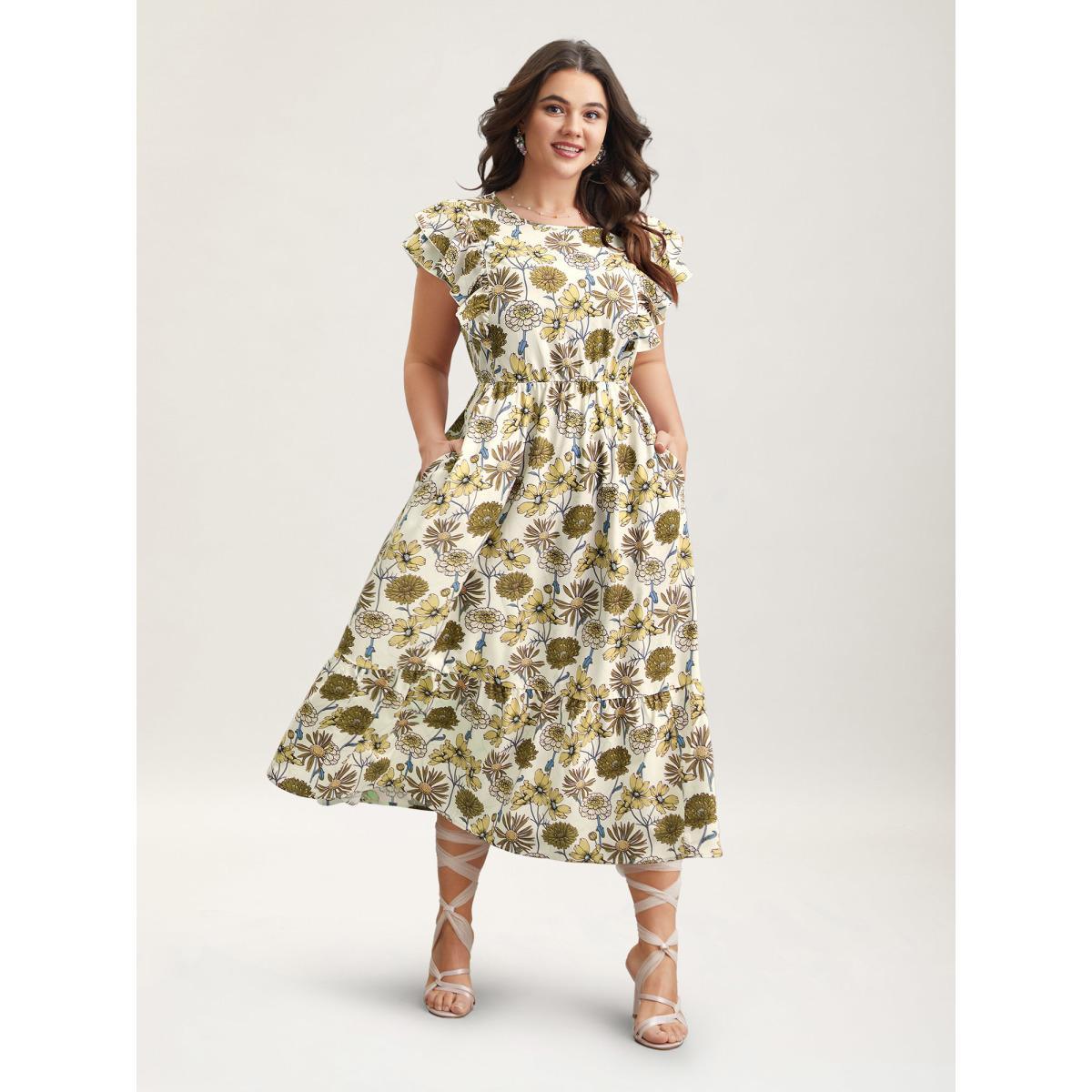 Plus Size Ruffled Floral Print Stretchy-Waist Midi Dress Lightyellow Women Elegant Ruffles Round Neck Cap Sleeve Curvy BloomChic 30/6X Product Image