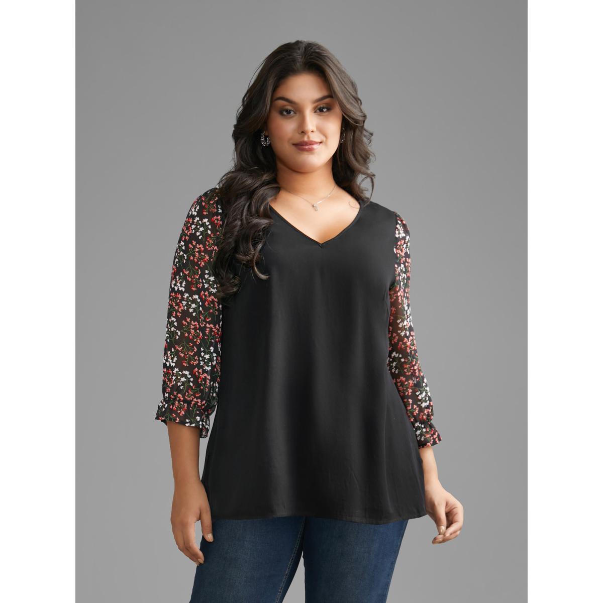 Plus Size Black V Neck Ditsy Floral Patchwork Blouse Women Elegant Elbow-length sleeve V-neck Everyday Blouses BloomChic 10/M Product Image