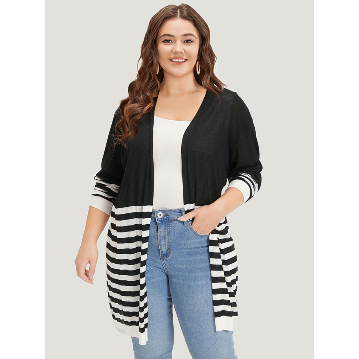 Plus Size Supersoft Essentials Striped Open Front Cardigan Black Women Casual Loose Long Sleeve Dailywear Cardigans BloomChic 28/5X Product Image