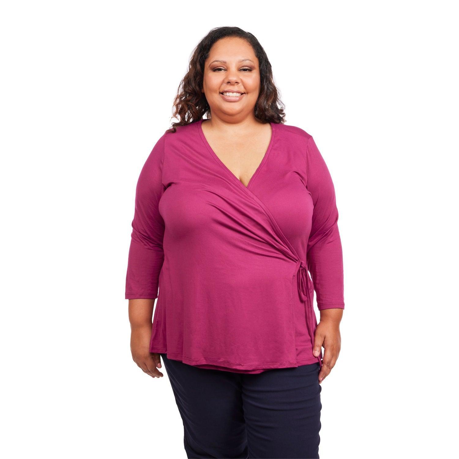 Inner Beauty Plus Solid 3/4 Sleeve Surplice Front V-Neck Top Product Image