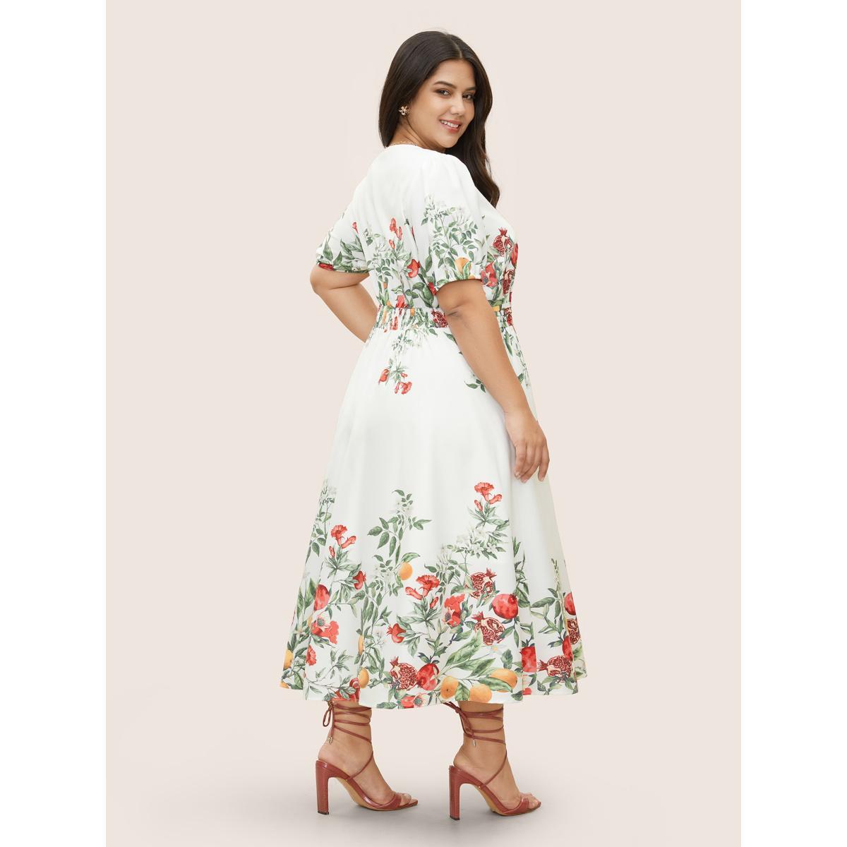 Plus Size Citrus Fruit Print Surplice Neck Pleated Dress White Women Elegant Overlapping Overlap Collar Short sleeve Curvy BloomChic 10/M Product Image